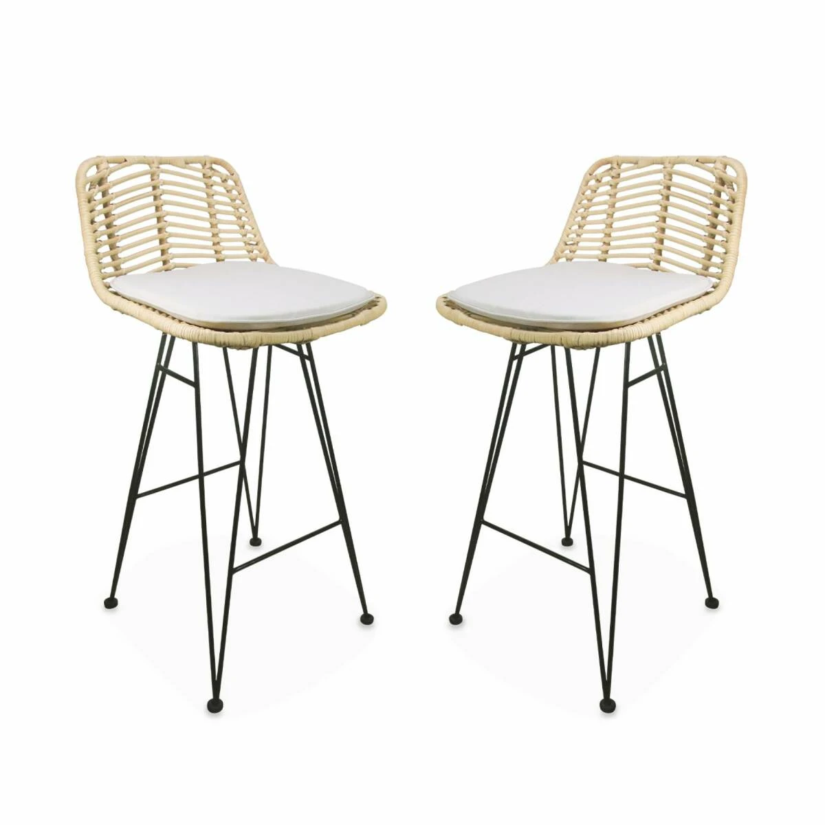 2 Tabourets De Bar Rotin Naturel Et Métal, Coussins Beiges L Alice's ... – Image 4