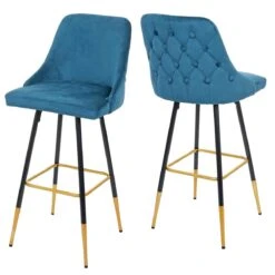 2x Tabourets De Bar Comptoir Chaise Haute Pieds Dorés En Velours Desi...