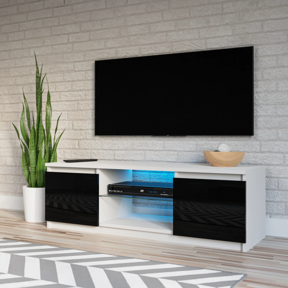 3xEliving Meuble TV Avec Rangement Demi 120 Cm Avec LED, Blanc / Noir ... – Image 2