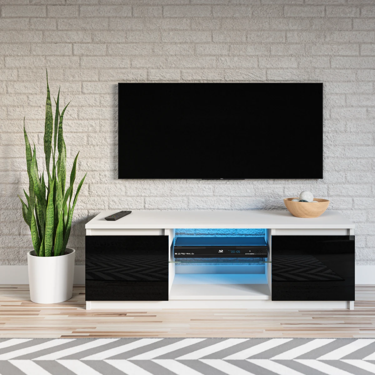 3xEliving Meuble TV Avec Rangement Demi 120 Cm Avec LED, Blanc / Noir ... – Image 3