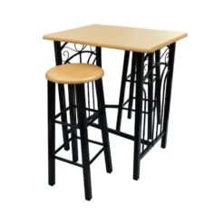 Lot De 2 Tabourets De Bar Chaise Avec Table Haute Set Bois Acier Desig...