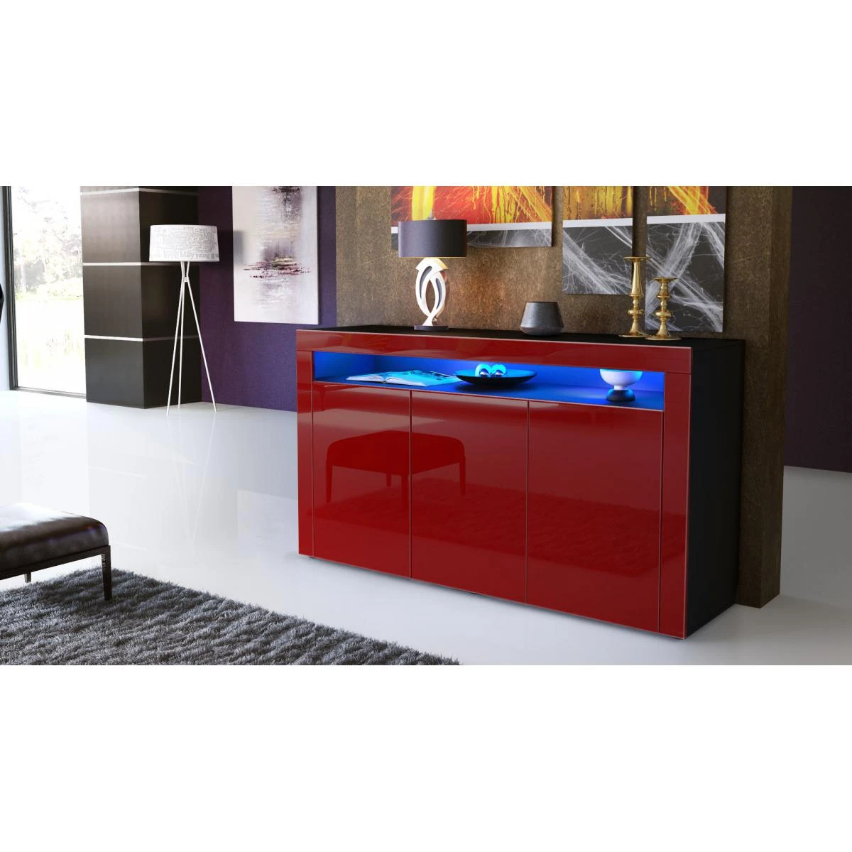 MPC Bahut Laqué Noir Mat Et Bordeaux Avec Led 1 MPC Bahut Laqué Noir Mat Et Bordeaux Avec Led