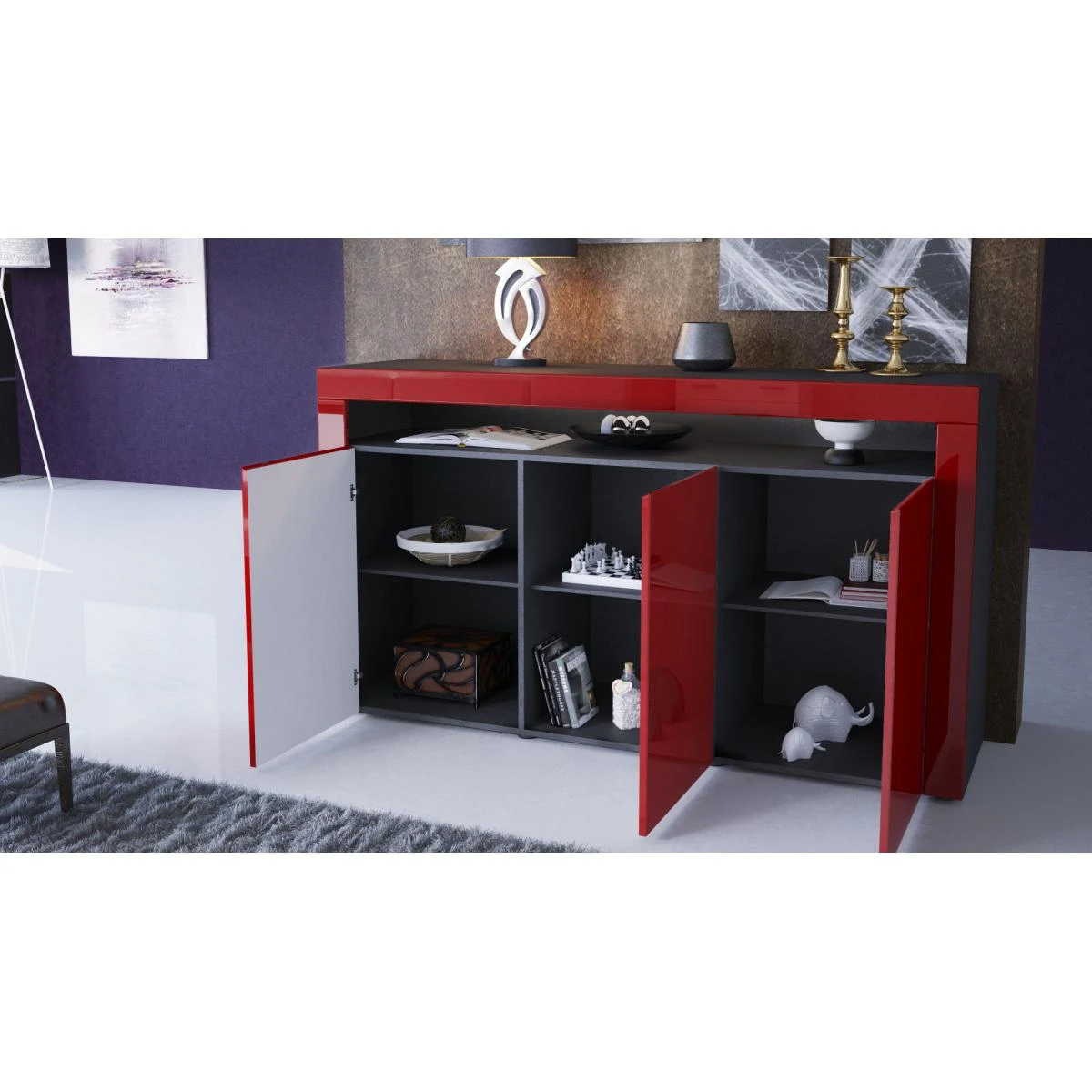 MPC Bahut Laqué Noir Mat Et Bordeaux Avec Led 3 MPC Bahut Laqué Noir Mat Et Bordeaux Avec Led – Image 3