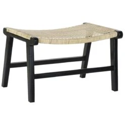 Banquette En Bois De Teck Noir Et Rotin Coloris Naturel - Longueur 65...