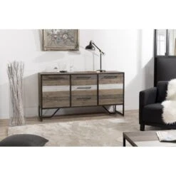 Buffet LEANDRE 2 Portes 3 Tiroirs Bois Et Métal