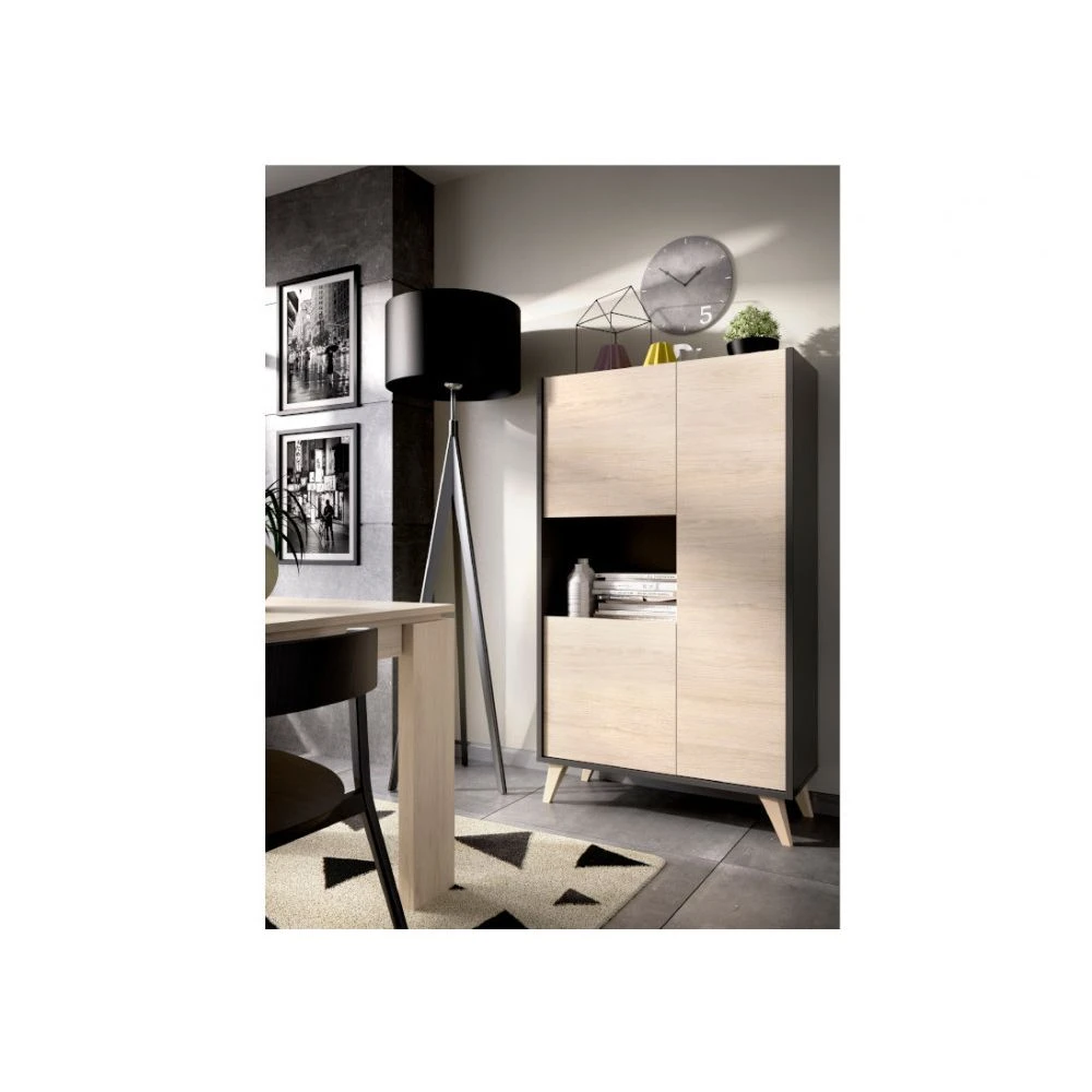 Buffet Haut KOLYMA - 3 Portes & 1 Niche - Coloris : ChĂȘne & Anthracit... â Image 4