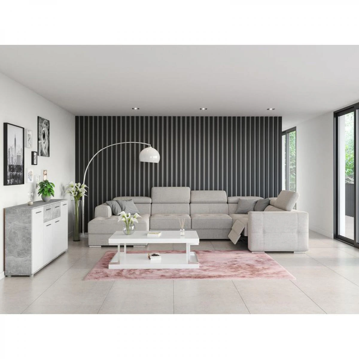 Buffet 4 Portes/2 Tiroirs TOLEDO Imitation BĂ©ton/ Blanc â Image 2