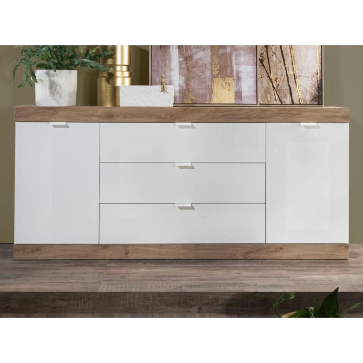 Buffet Avec 2 Portes Et 3 Tiroirs - Naturel Et Blanc Laqué - EVOLIA – Image 2