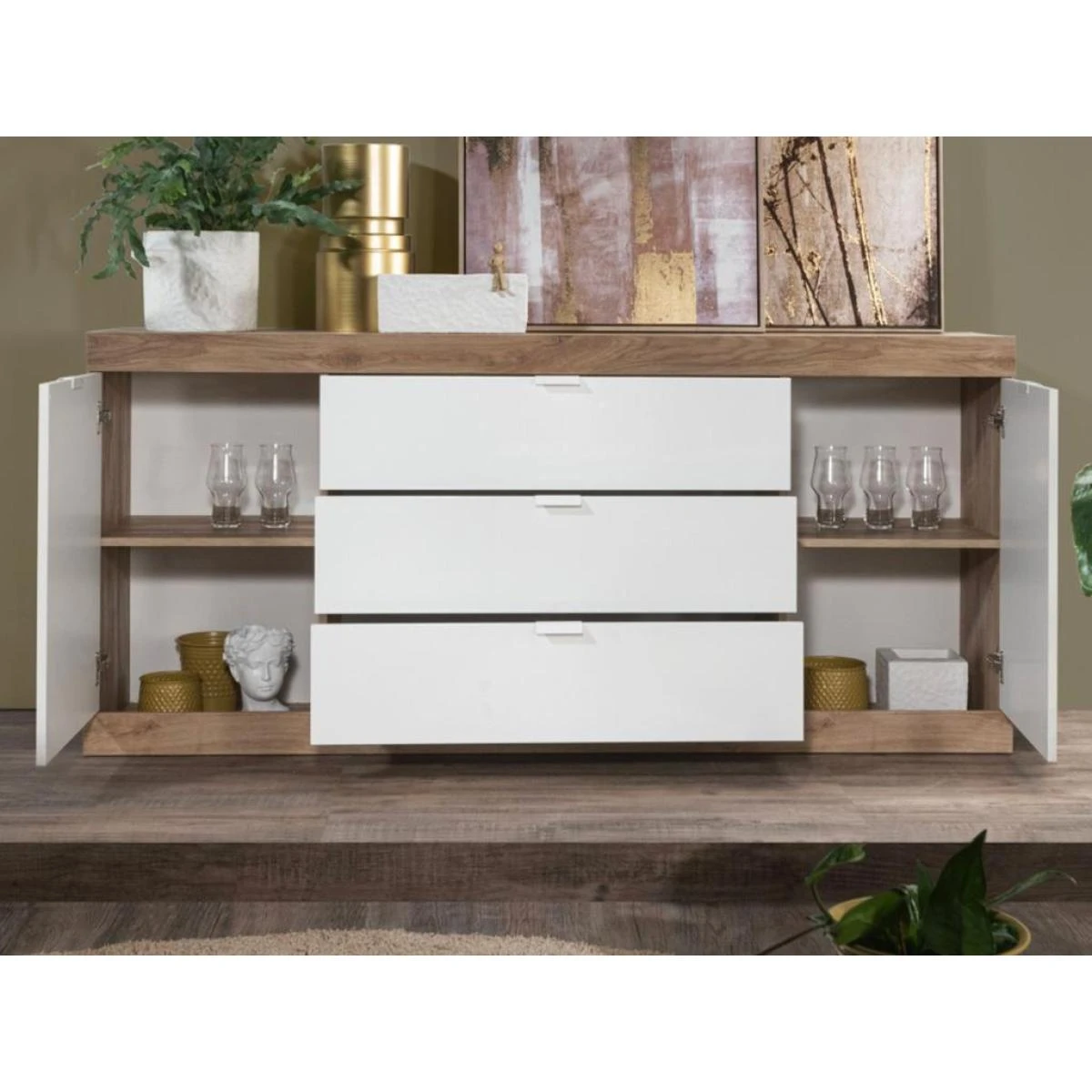 Buffet Avec 2 Portes Et 3 Tiroirs - Naturel Et Blanc Laqué - EVOLIA – Image 3