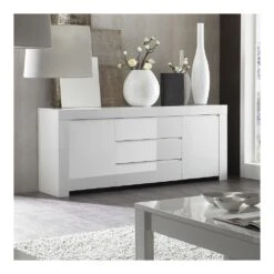 Buffet Bahut Blanc Laqué 2 Portes 3 Tiroirs Design PAULA
