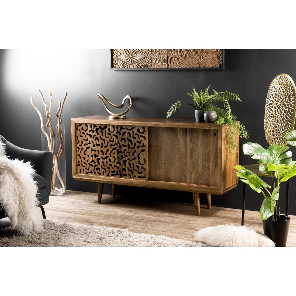 Buffet Bois Manguier 160x45cm 2 Portes Coulissantes 1 étagère Jaipur – Image 5