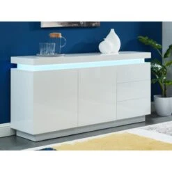 Buffet EMERSON II - LEDs - 2 Portes & 3 Tiroirs - MDF Laqué Blanc