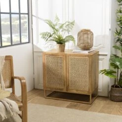 Buffet Marron 2 Portes Bois Manguier Et Cannage Pied Métal Doré ISA