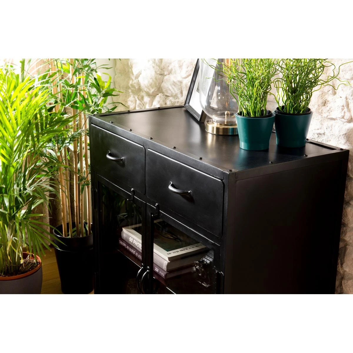 Buffet Métal ROMAIN Noir Industriel 2 Portes 2 Tiroirs – Image 6