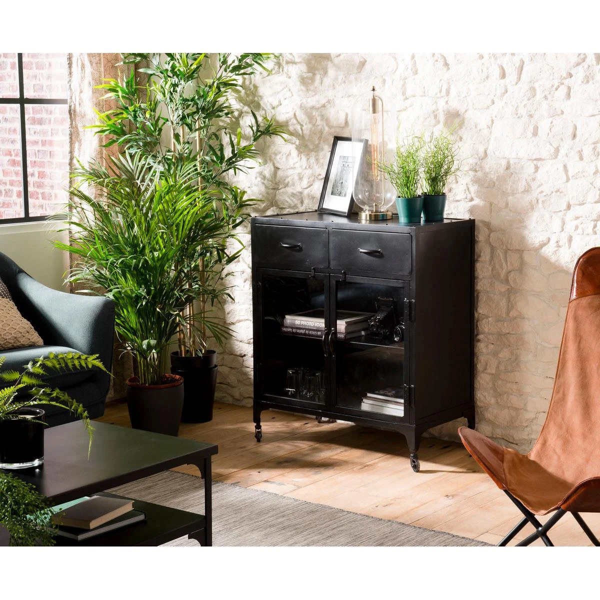 Buffet Métal ROMAIN Noir Industriel 2 Portes 2 Tiroirs