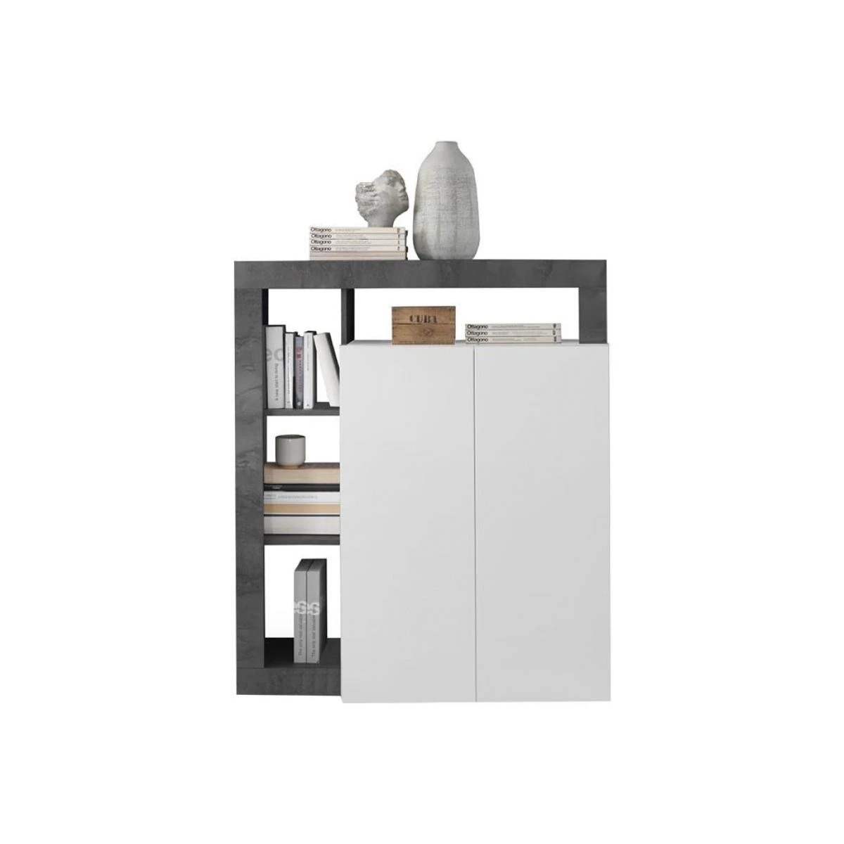 Buffet Haut SEFRO - 2 Portes Et 4 Niches - Blanc Laqué Et Béton – Image 3