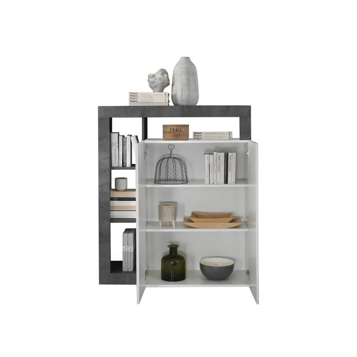 Buffet Haut SEFRO - 2 Portes Et 4 Niches - Blanc Laqué Et Béton – Image 4