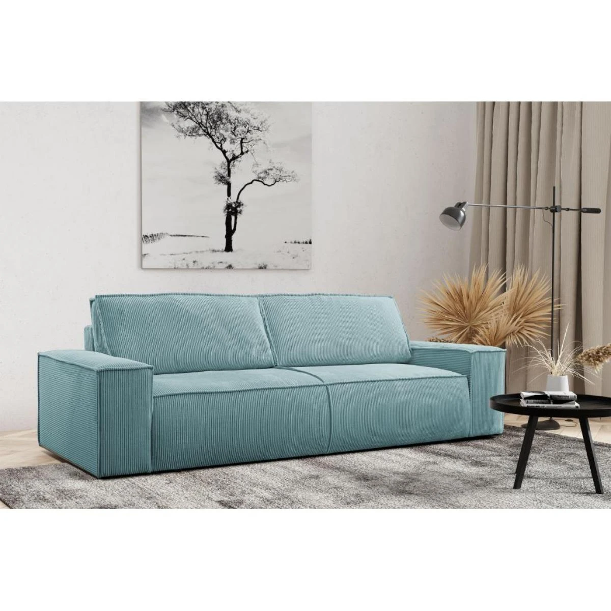 Canapé 3 Places Convertible En Velours Côtelé Bleu Clair AMELIA