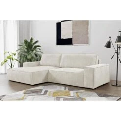 Canapé D'angle Convertible En Velours Côtelé Beige AMELIA - Angle G...