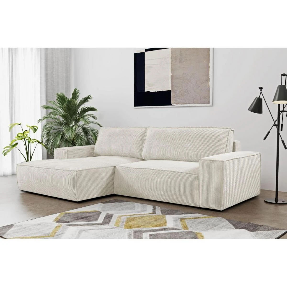 Canapé D'angle Convertible En Velours Côtelé Beige AMELIA - Angle G...