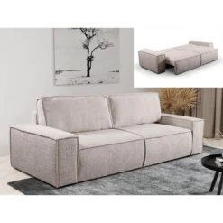 Canapé 3 Places Convertible En Tissu Bouclette Beige AMELIA