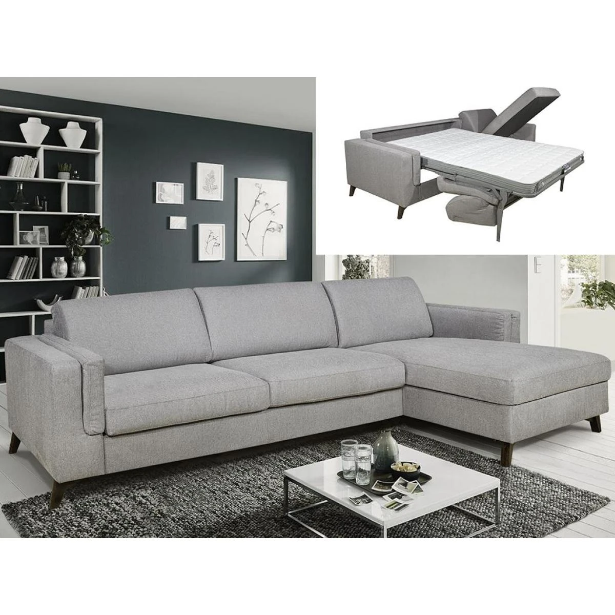Canapé D'angle Droit Convertible Express En Tissu Gris - Couchage 140...