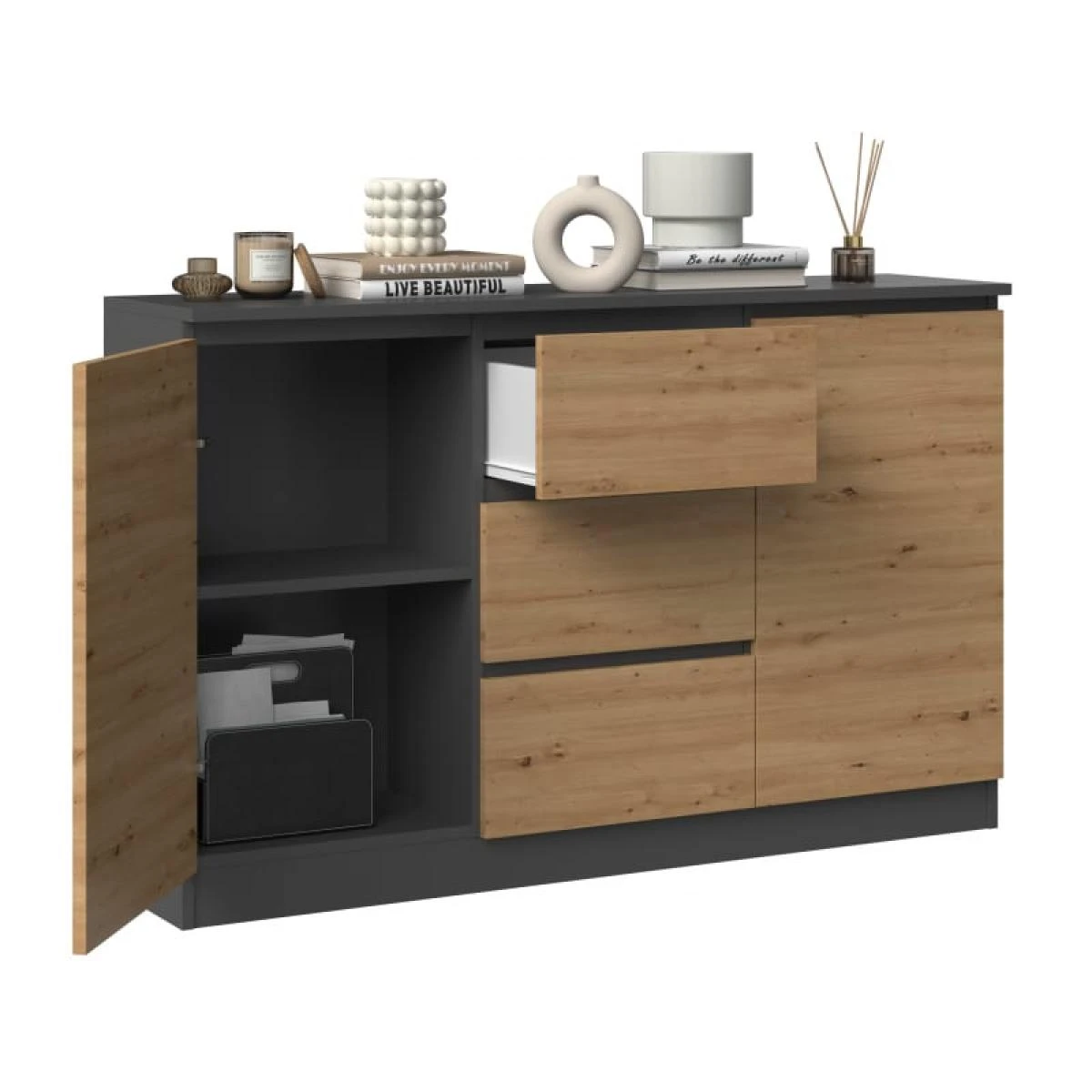 CAZAR - Commode 2 Portes + 3 Tiroirs - Dimensions : 75x120x30 - Meuble... 2 CAZAR - Commode 2 Portes + 3 Tiroirs - Dimensions : 75x120x30 - Meuble... – Image 2