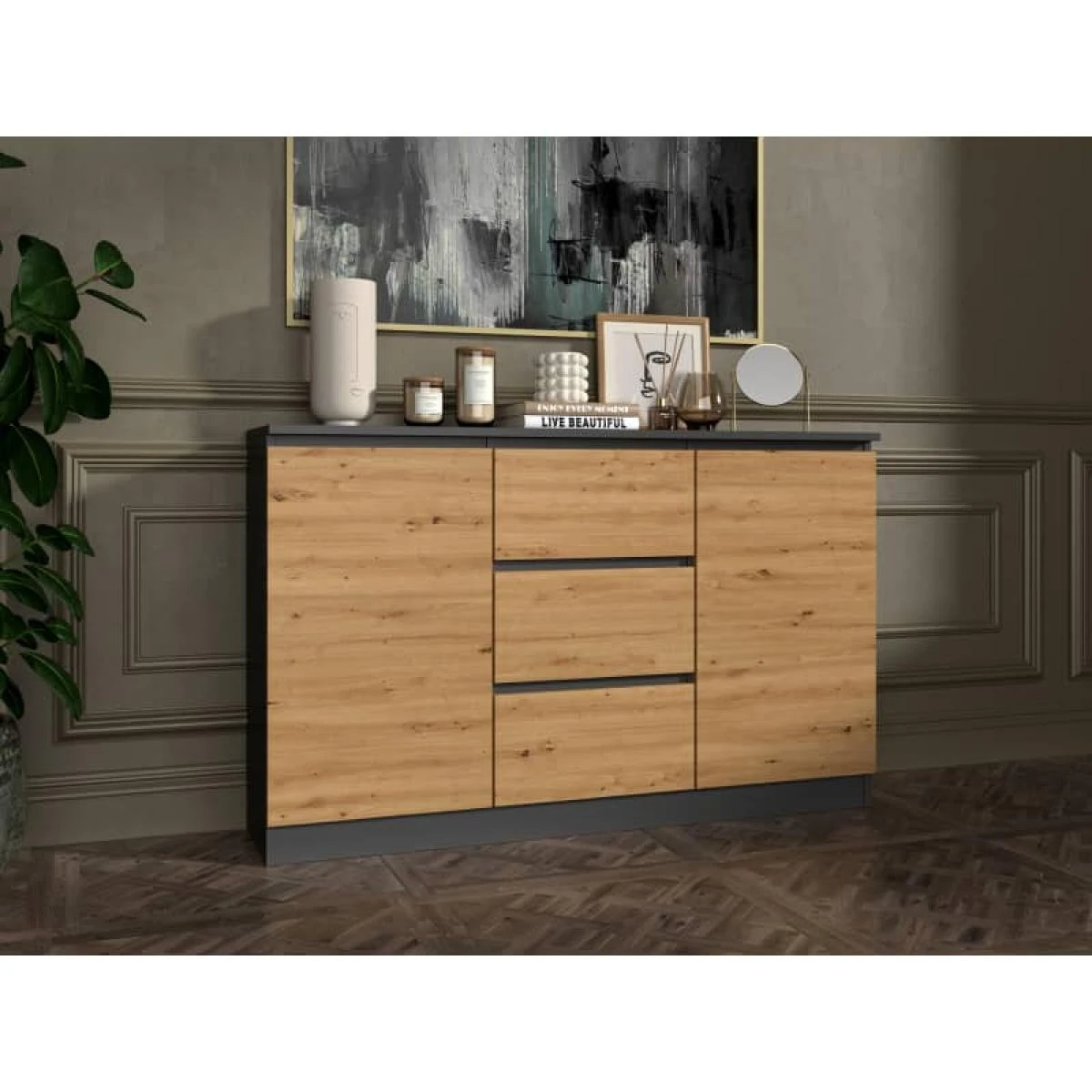 CAZAR - Commode 2 Portes + 3 Tiroirs - Dimensions : 75x120x30 - Meuble... 4 CAZAR - Commode 2 Portes + 3 Tiroirs - Dimensions : 75x120x30 - Meuble... – Image 4