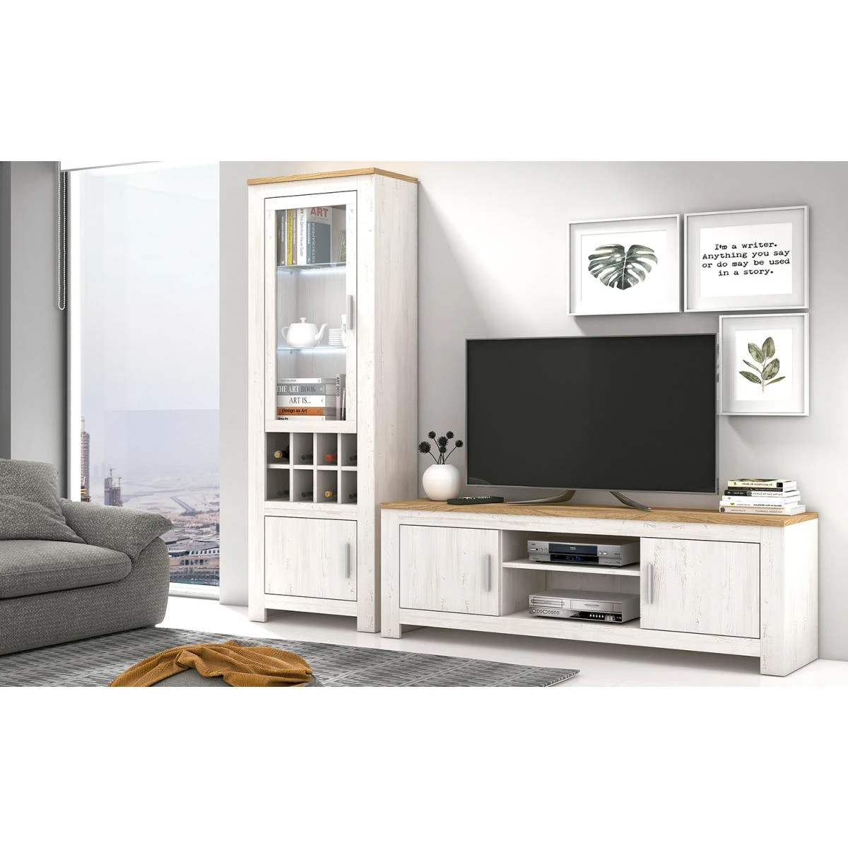 Ensemble De Salon Vitrine, Meuble TV 2 Portes Coloris ChĂȘne, Pin Ande...