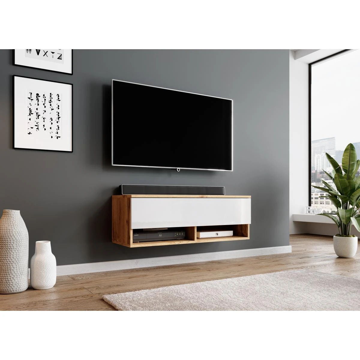 Furnix Meuble Tv/ Meuble Tv Suspendu ALYX 100 X 32 X 34 Cm Style Indus...