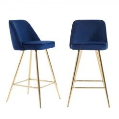 Lot De 2 Tabourets De Bar Eugene - Velours Bleu Et Pieds Dorés - Haut...