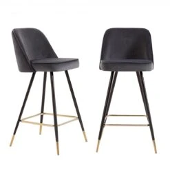 Lot De 2 Tabourets De Bar Eugene - Velours Gris Avec Pieds Noirs Et Do...