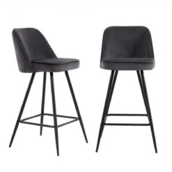 Lot De 2 Tabourets De Bar Eugene - Velours Gris Et Pieds Noirs - Haute...
