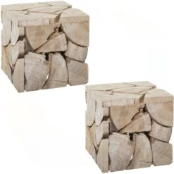 Lot De 2 Tabourets Poufs Carrés En MDF Effet Rondins De Bois - Hauteu...