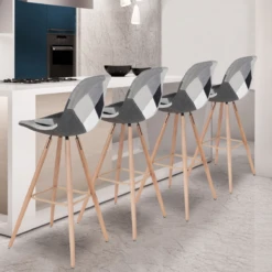 Lot De 4 Tabourets De Bar SARA Motifs Patchworks Noirs, Gris Et Blancs