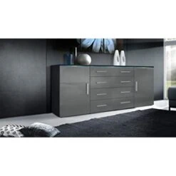 MPC Meuble Avec 2 Portes Et 4 Tiroirs, Noir Mat/gris Haute Brillance (166 ...