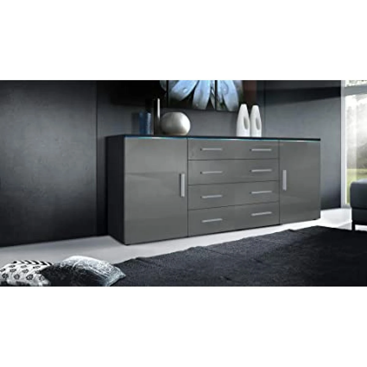 MPC Meuble Avec 2 Portes Et 4 Tiroirs, Noir Mat/gris Haute Brillance (166 ...