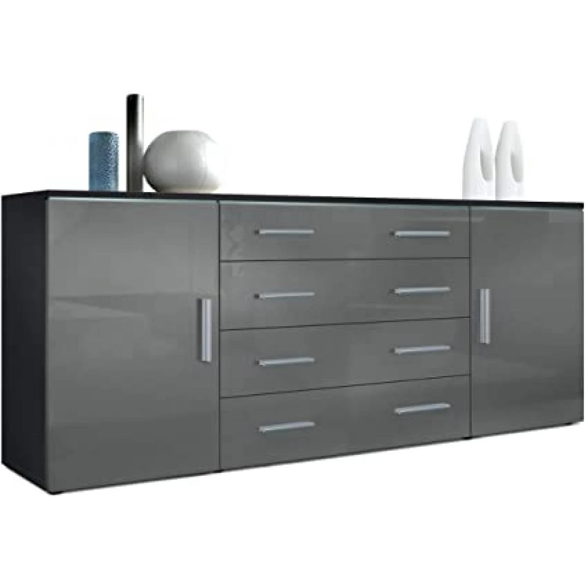 MPC Meuble Avec 2 Portes Et 4 Tiroirs, Noir Mat/gris Haute Brillance (166 ... â Image 2