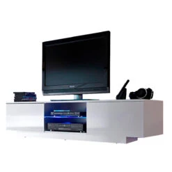 Meuble LED Suspendu Ou Posé TV Giorgio Blanc Mat Et Blanc Laqué 160 ...