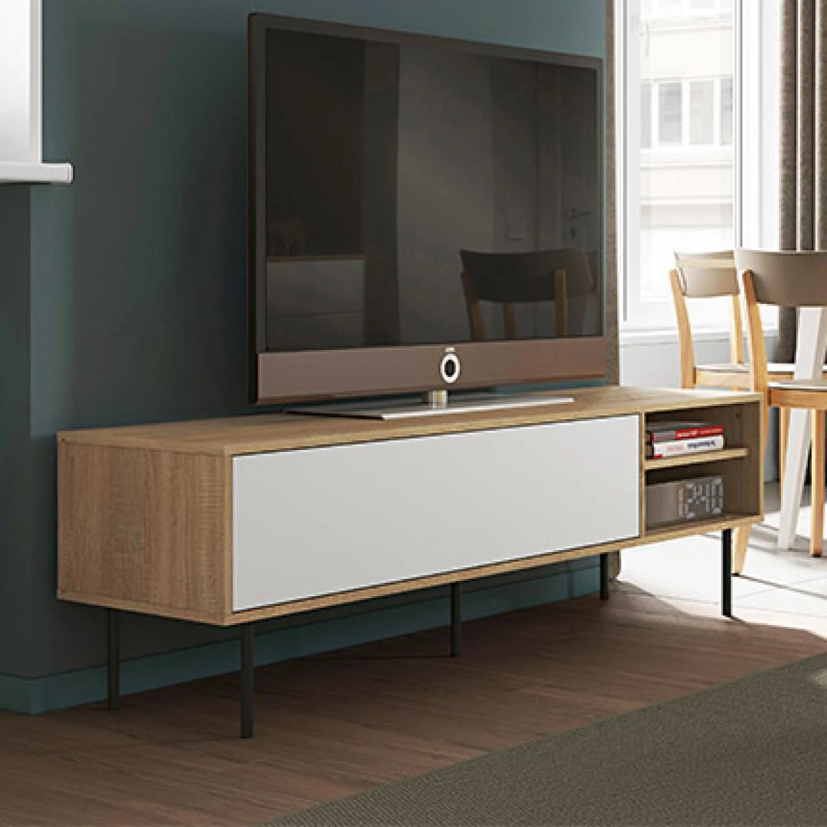 Meuble TV AMPERE - ChĂȘne Naturel Et Blanc - TEMAHOME