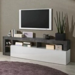 Meuble TV 180 Cm Moderne Blanc Et Gris Oxyde AMBRE