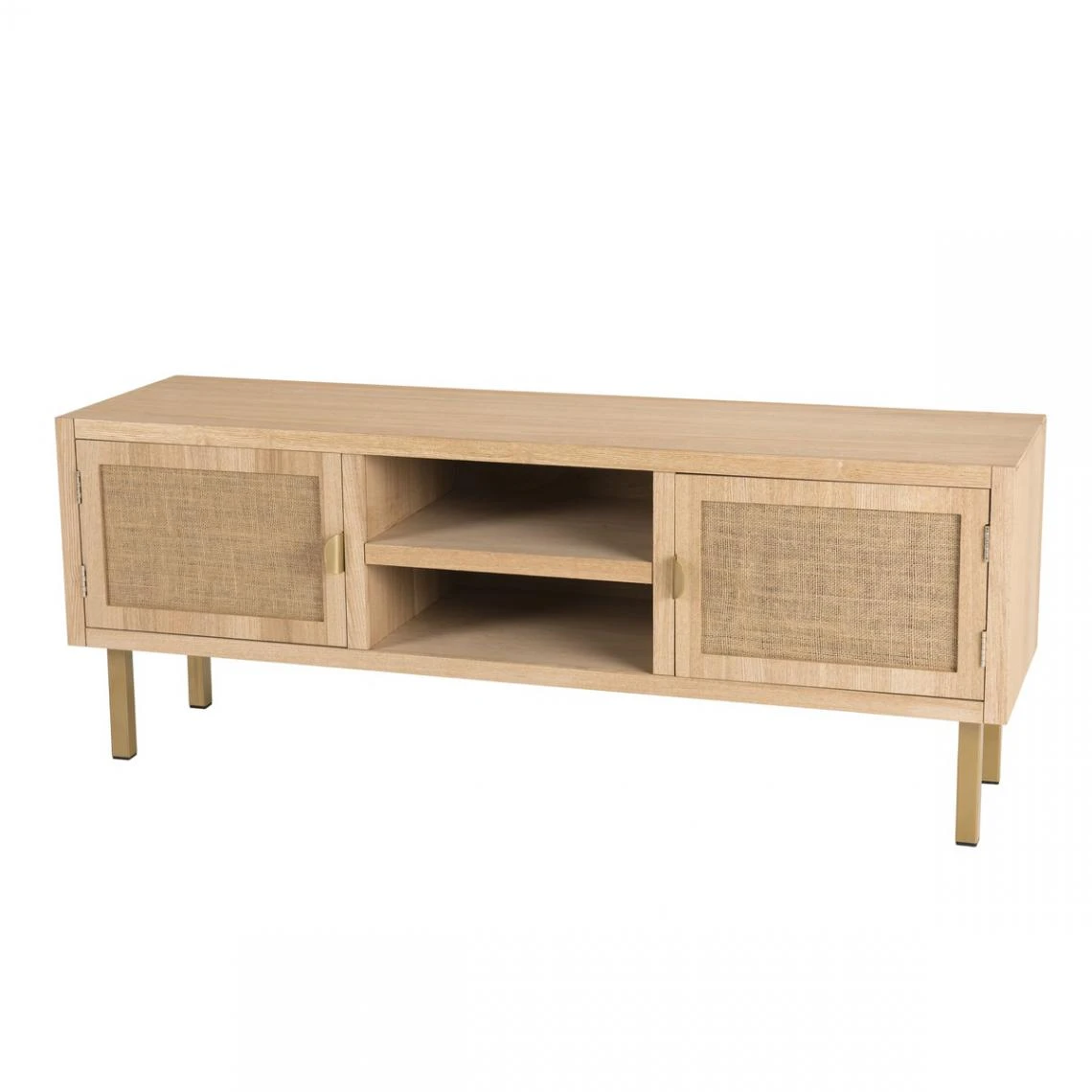 Meuble Tv 2 ALINE Niches 2 Portes Toile De Jute Pieds Métal Doré – Image 9