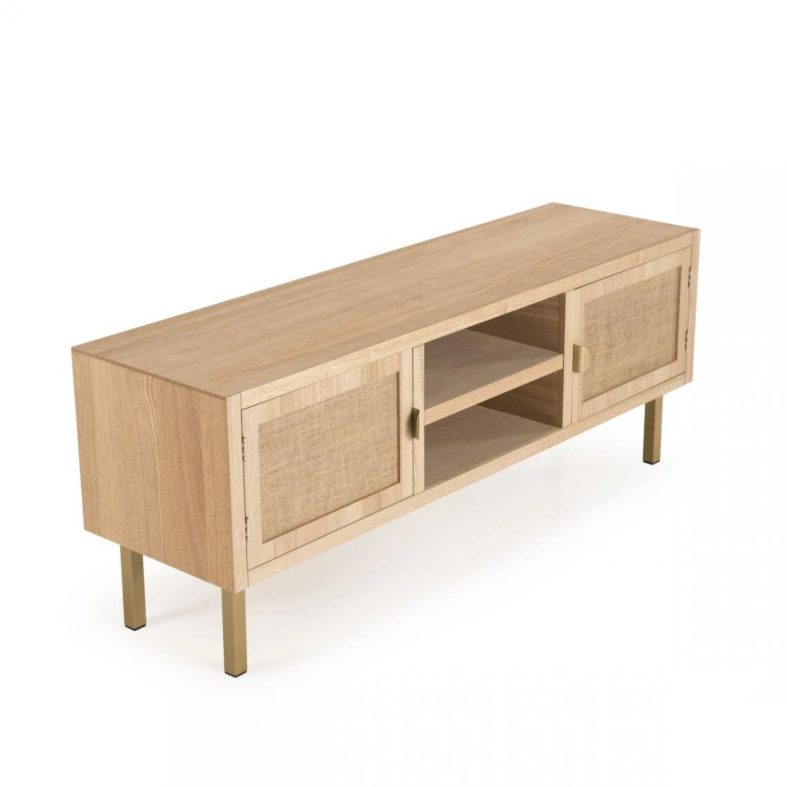 Meuble Tv 2 ALINE Niches 2 Portes Toile De Jute Pieds Métal Doré – Image 17