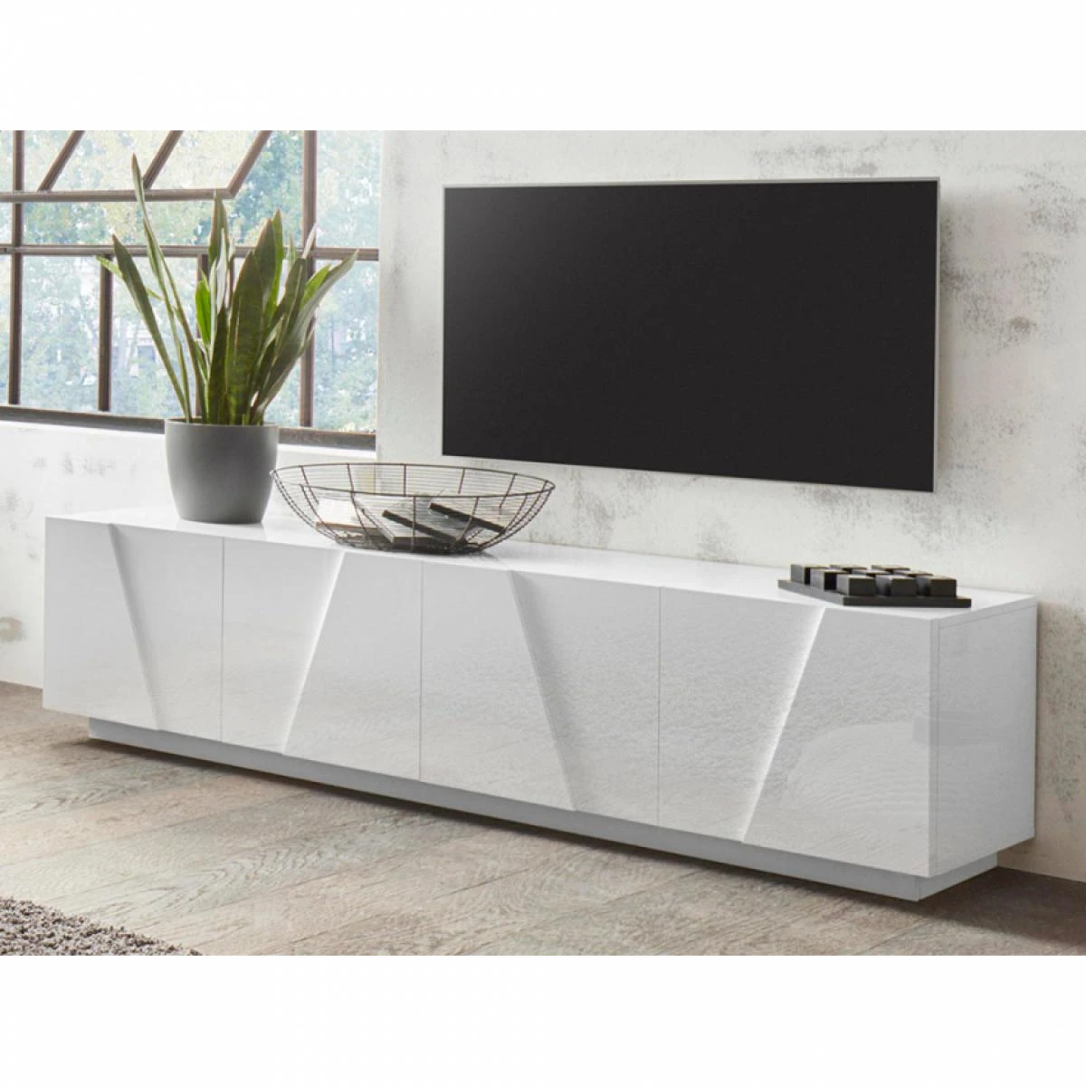 Meuble TV 4 Portes 2 Pièces Design Moderne Blanc Ping Low L – Image 2