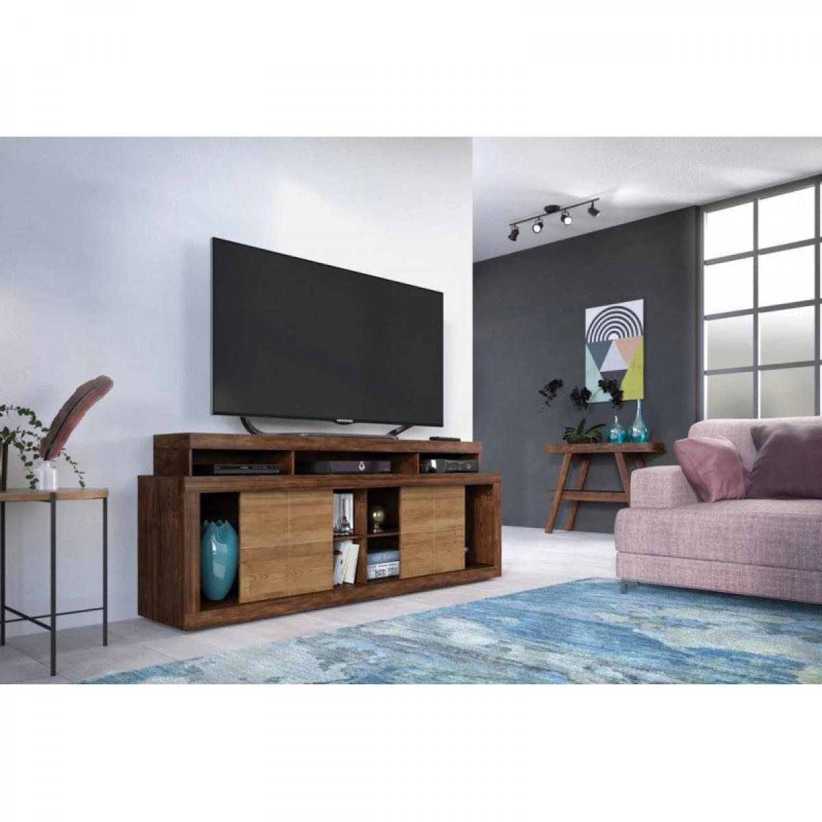 Meuble TV 70 Pouces 2 Portes Wengé Et Chêne – Image 5