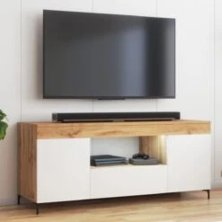 Meuble Tv Avec LED - GUSTO - 137 Cm - Lancaster / Blanc Mat - Style Co...
