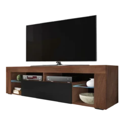 Meuble Tv - BIANKO - 140 Cm - Noyer Mat / Noir Brillant - Avec LED