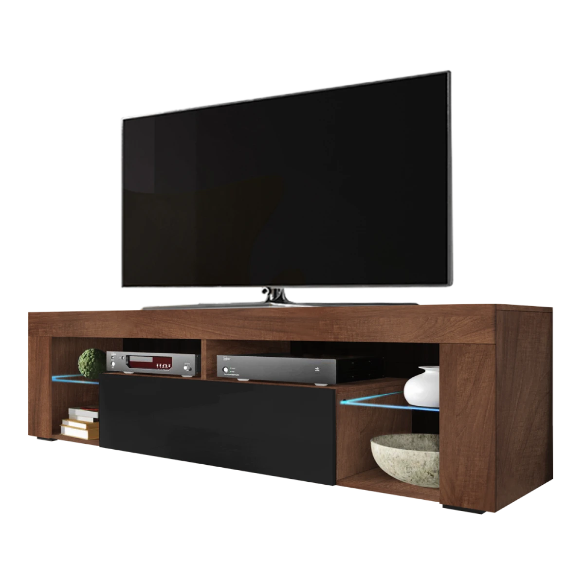 Meuble Tv - BIANKO - 140 Cm - Noyer Mat / Noir Brillant - Avec LED