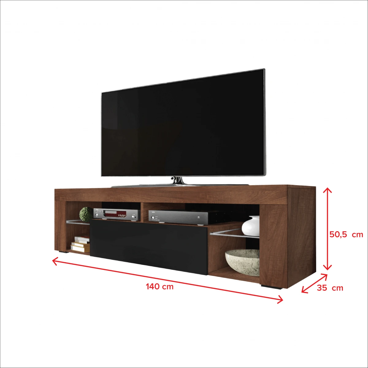 Meuble Tv - BIANKO - 140 Cm - Noyer Mat / Noir Brillant - Avec LED – Image 3