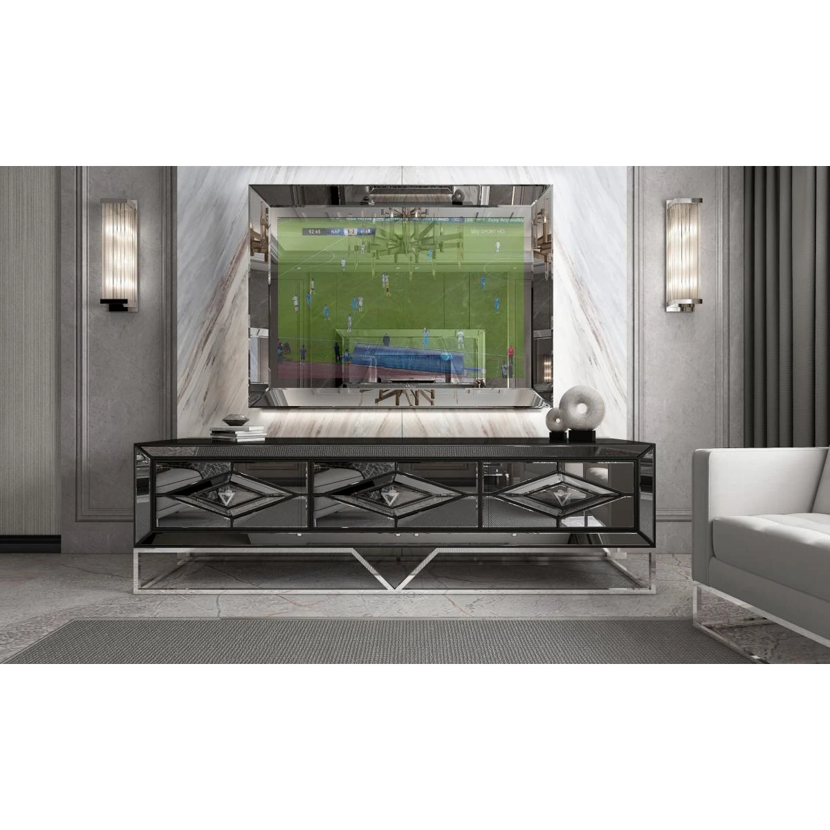 Meuble Tv Design 3 Tiroirs En Miroir Fumé Avec Piètement En Acier Ch... – Image 5